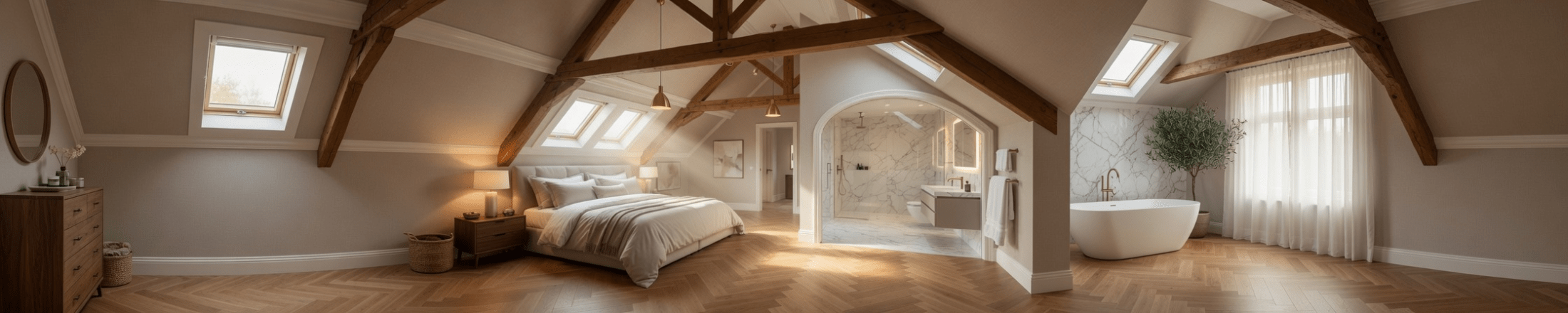 Chambre aménagée sous combles avec salle de bain intégrée, charpente apparente, réalisation Idano