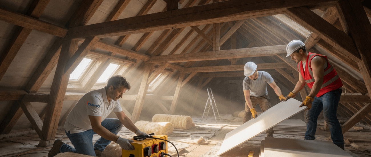 Artisan Idano sur un chantier d'aménagement de combles à Paris, isolation et cloisons en cours