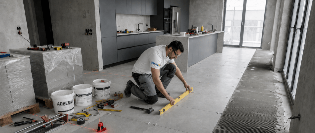 Artisan Idano posant du carrelage au sol avec niveau laser, chantier à Paris
