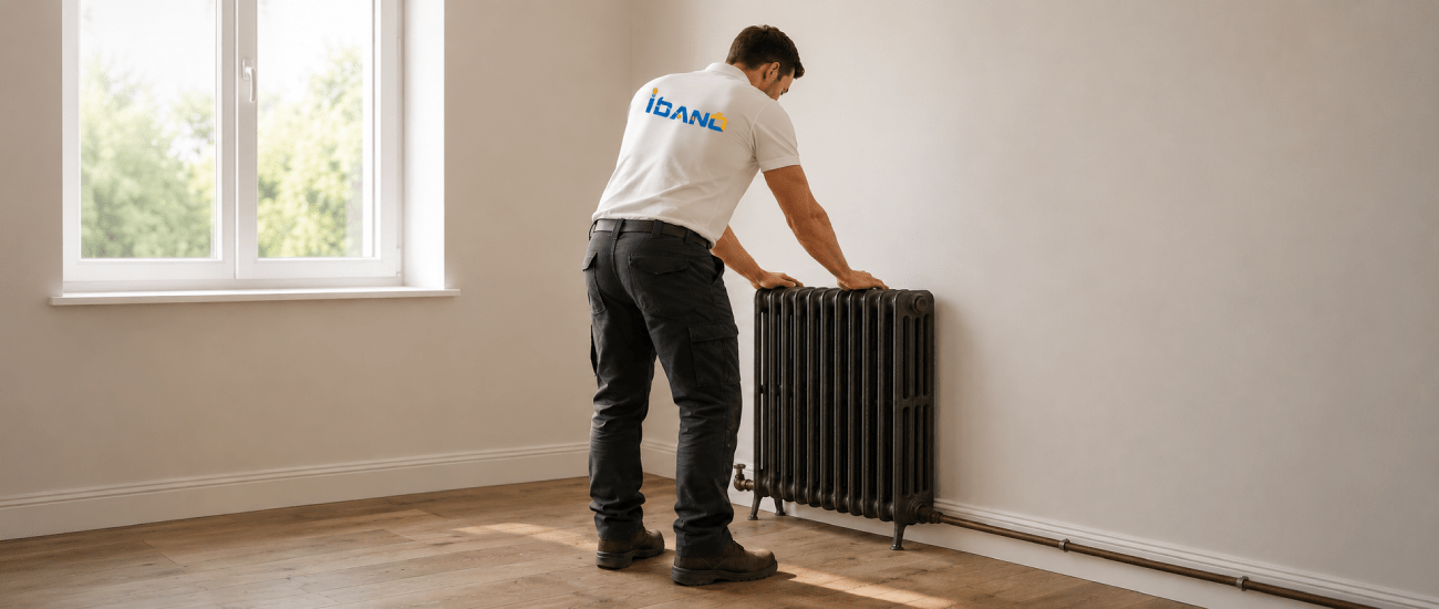 Artisan Idano posant un radiateur en fonte lors d'une installation de chauffage à Paris