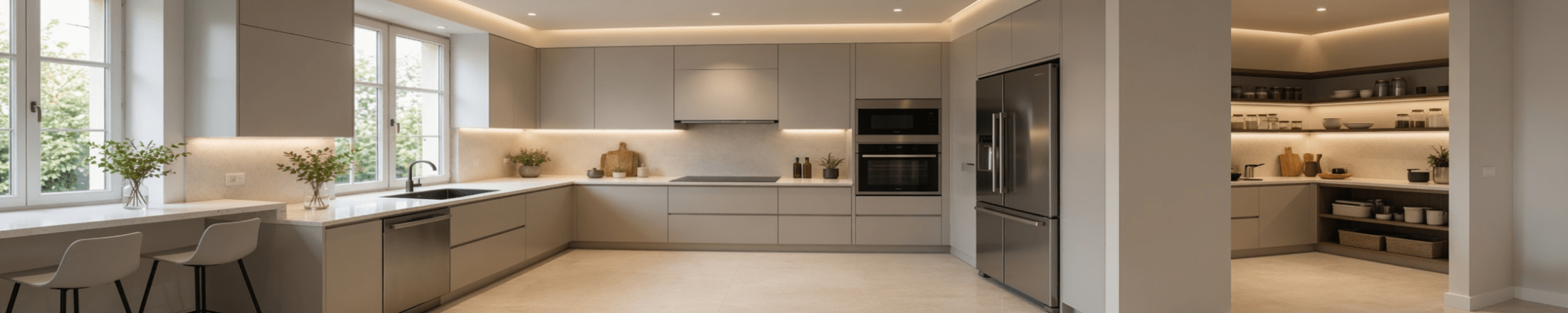 Cuisine moderne installée par Idano à Paris, façades taupe et plan de travail clair