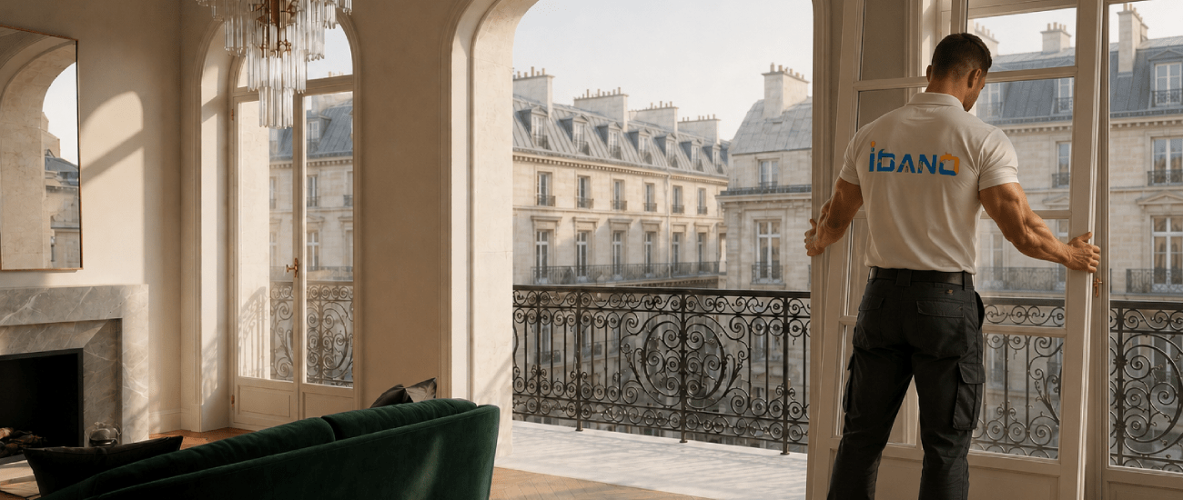 Artisan Idano ouvrant une fenêtre haussmannienne après remplacement, appartement à Paris