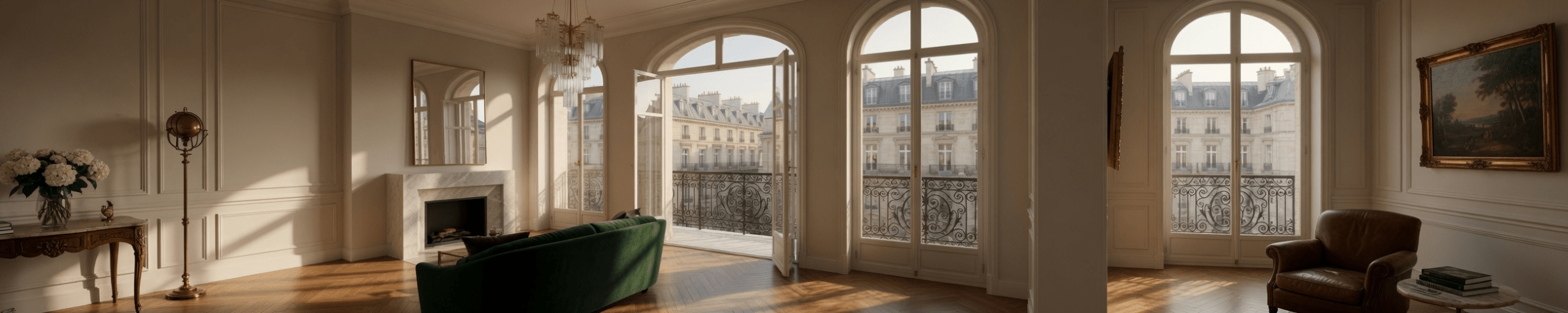 Salon haussmannien à Paris avec fenêtres et balcon en fer forgé rénovés par Idano
