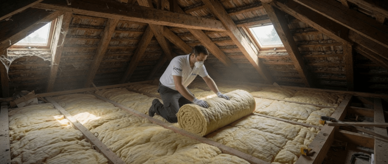 Artisan Idano posant de la laine de roche en combles lors d'une isolation à Paris