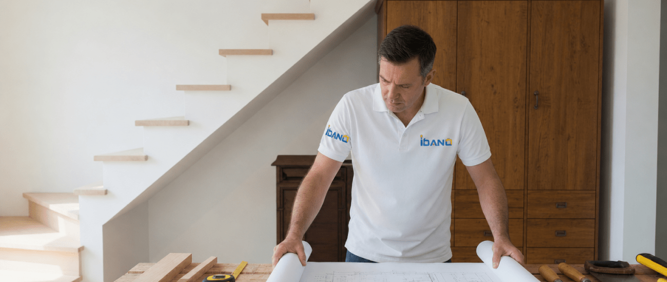 Artisan Idano consultant un plan d'agencement sur mesure dans un atelier de menuiserie à Paris