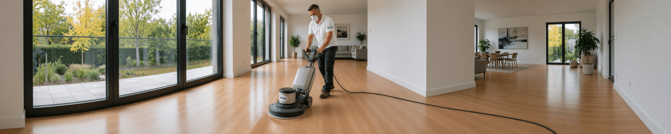 Artisan Idano ponçant un parquet à la monobrosse avant vitrification, chantier à Paris