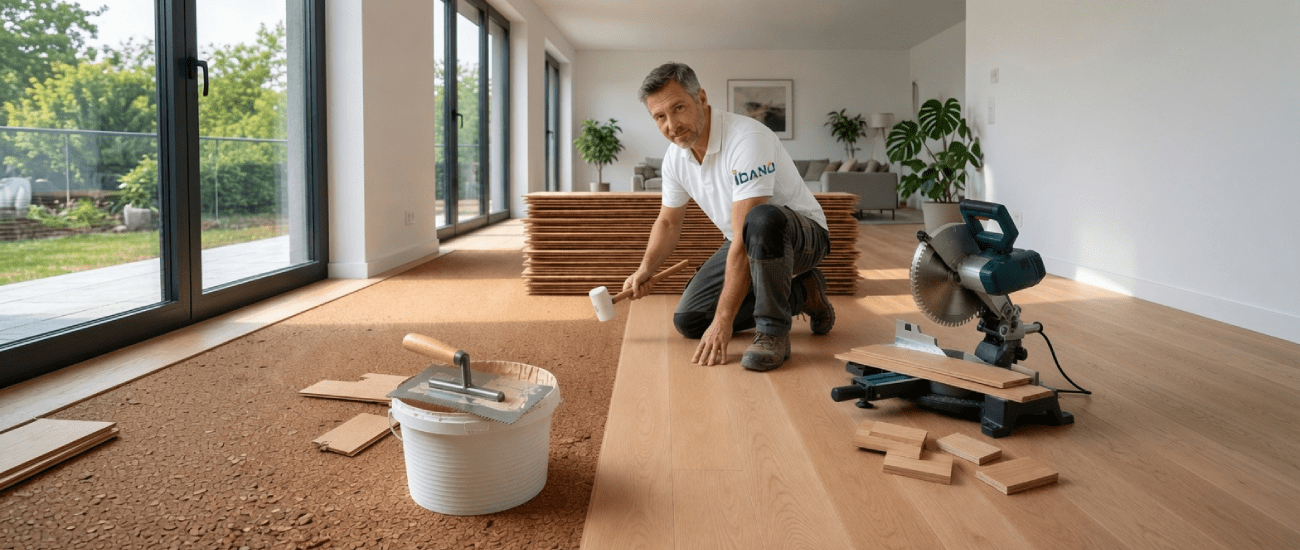 Artisan Idano posant un parquet massif au maillet, chantier à Paris