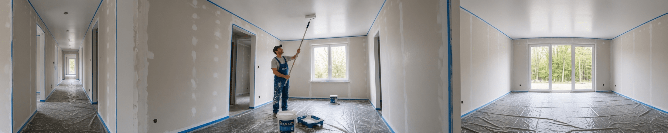 Peintre Idano appliquant une peinture au plafond avec un rouleau télescopique