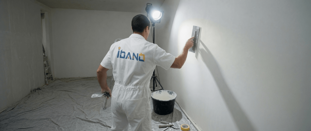 Artisan Idano appliquant un enduit de finition au mur, chantier de plâtrerie à Paris