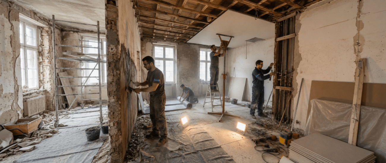 Équipe Idano en plein chantier de rénovation complète, plâtrerie et plomberie à Paris