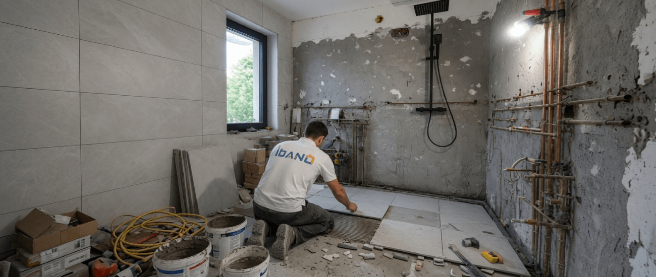 Artisan Idano posant le carrelage du receveur de douche italienne, chantier salle de bain à Paris