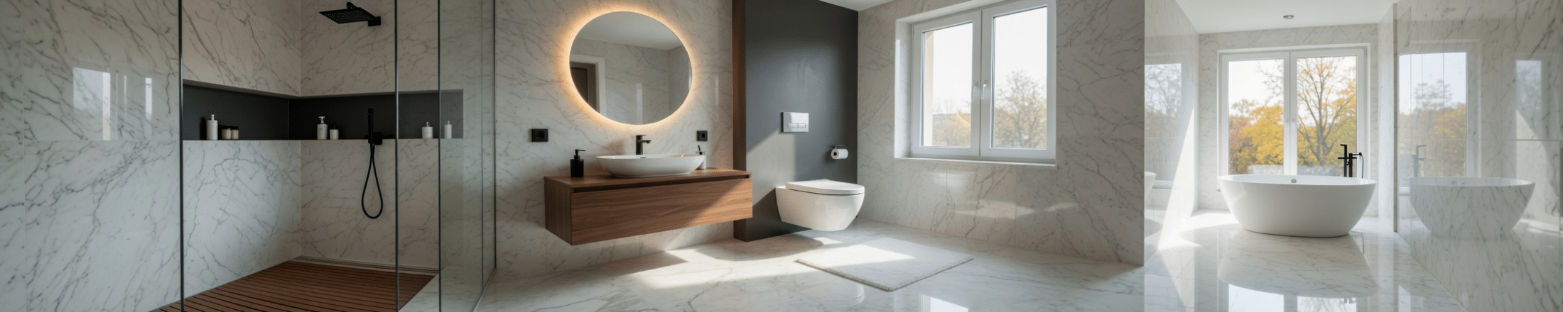 WC suspendu et vasque design installés par Idano dans une salle de bain en marbre à Paris